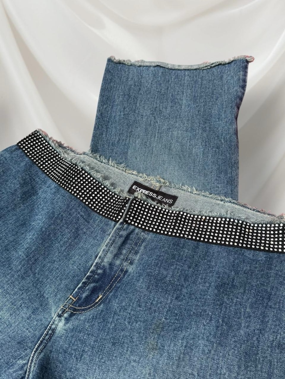 Women's Blue Flare Jeans with Embellished Waistband - Picture 5 of 6